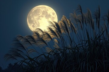 Harvest Moon and Japanese Pampas Grass: A Majestic Night Scene in Japan