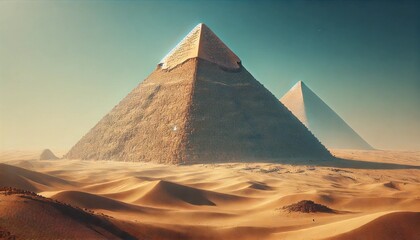 A highly detailed and realistic image of the Great Pyramid of Giza in Egypt under a clear blue sky, showing the ancient limestone