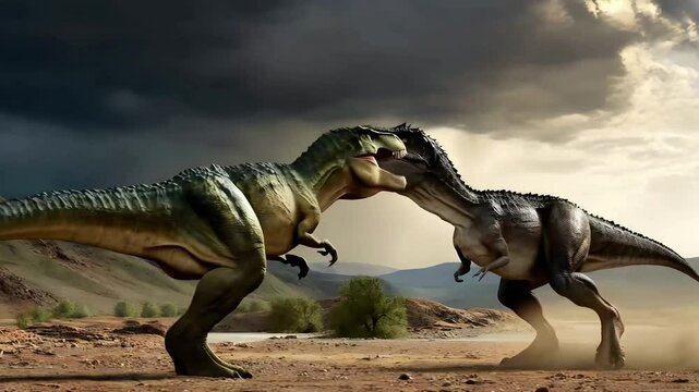 A dramatic showdown between a Tyrannosaurus rex and a Spinosaurus near a dried-out riverbed. Dust fills the air as the giants clash, illuminated by sunlight piercing storm clouds. Generative AI