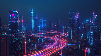 Fototapeta premium Smart digital Innovation city with connection network reciprocity over the cityscape. of future smart wireless digital city and social media networking systems that connects people with in city