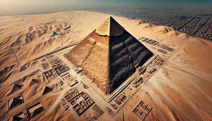 Obraz premium A detailed aerial view of the Great Pyramid of Giza in Egypt, showcasing its massive size and ancient structure