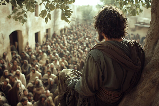 Zacchaeus Gazes Down From a Tree, Observing the Gathering Crowd in a Biblical Setting Under a Sunlit Sky
