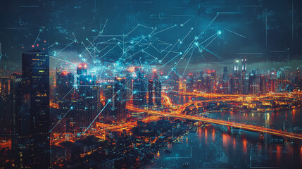 Fototapeta premium Smart digital Innovation city with connection network reciprocity over the cityscape. of future smart wireless digital city and social media networking systems that connects people with in city