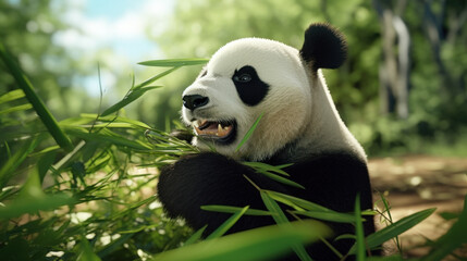 Giant Panda Eating Bamboo in Forest