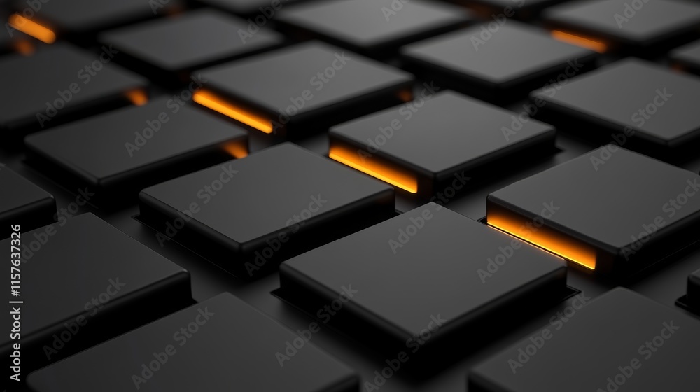 Poster glowing orange lines between dark gray squares. abstract background, digital art, technology concept