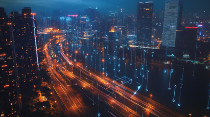 Naklejka premium Smart digital Innovation city with connection network reciprocity over the cityscape. of future smart wireless digital city and social media networking systems that connects people with in city