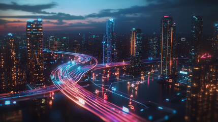 Smart digital Innovation city with connection network reciprocity over the cityscape. of future smart wireless digital city and social media networking systems that connects people with in city