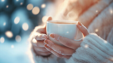 A woman in winter holding a hot coffee with snow outside, warm tones of photography