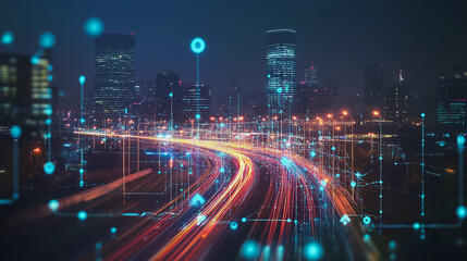 Smart digital Innovation city with connection network reciprocity over the cityscape. of future smart wireless digital city and social media networking systems that connects people with in city