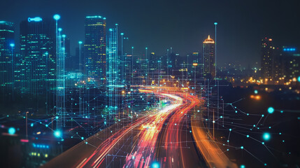 Fototapeta premium Smart digital Innovation city with connection network reciprocity over the cityscape. of future smart wireless digital city and social media networking systems that connects people with in city