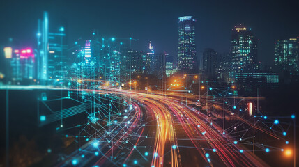 Fototapeta premium Smart digital Innovation city with connection network reciprocity over the cityscape. of future smart wireless digital city and social media networking systems that connects people with in city