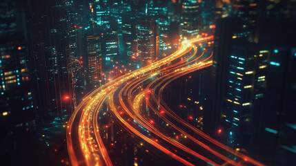 Fototapeta premium Smart digital Innovation city with connection network reciprocity over the cityscape. of future smart wireless digital city and social media networking systems that connects people with in city