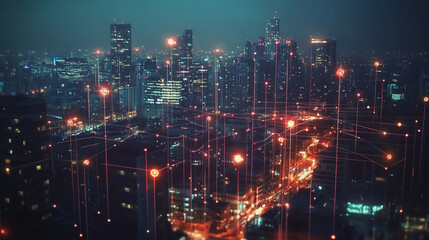 Fototapeta premium Smart digital Innovation city with connection network reciprocity over the cityscape. of future smart wireless digital city and social media networking systems that connects people with in city