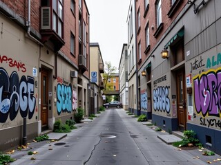 Obraz premium Urban Alleyway Graffiti Art City Street Building Facades Parking Cars