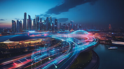 Fototapeta premium Smart digital Innovation city with connection network reciprocity over the cityscape. of future smart wireless digital city and social media networking systems that connects people with in city