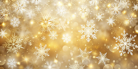 Delicate snowflakes drift softly against a warm golden backdrop, contributing to a festive and enchanting winter ambiance perfect for seasonal celebrations