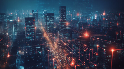 Smart digital Innovation city with connection network reciprocity over the cityscape. of future smart wireless digital city and social media networking systems that connects people with in city