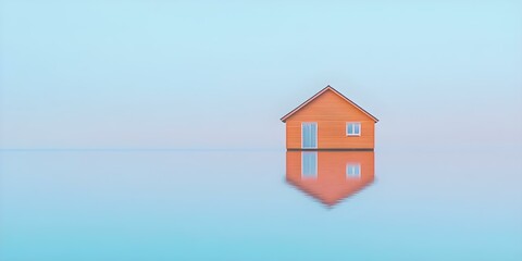A solitary orange house stands on calm water, reflecting its image against a soft, pastel sky. Concept Solitary House, Water Reflection, Pastel Sky, Tranquil Landscape, Serene Imagery