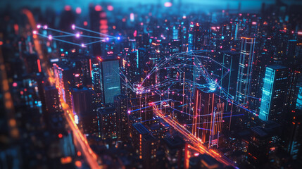 Fototapeta premium Smart digital Innovation city with connection network reciprocity over the cityscape. of future smart wireless digital city and social media networking systems that connects people with in city