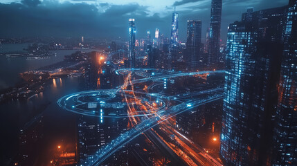 Fototapeta premium Smart digital Innovation city with connection network reciprocity over the cityscape. of future smart wireless digital city and social media networking systems that connects people with in city