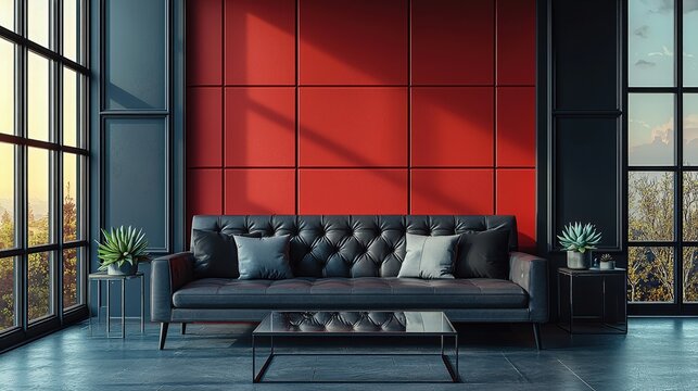 Modern living room with red accent wall and black sofa in natural light