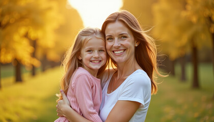 Fototapeta premium Mother and Daughter Embrace in Autumn Park