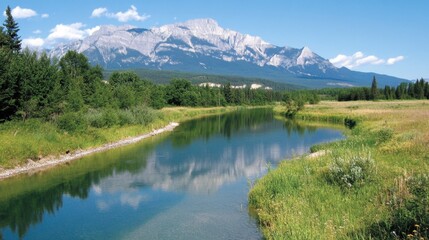 Fototapeta premium Serene Mountain Landscape with Reflective River and Blue Sky
