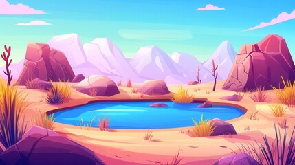 Serene Desert Landscape with Tranquil Water Pond and Majestic Mountains