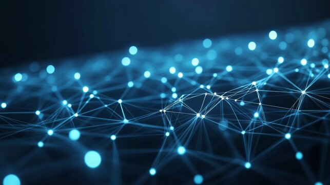 Abstract network connection, digital data flow, glowing lines and nodes.