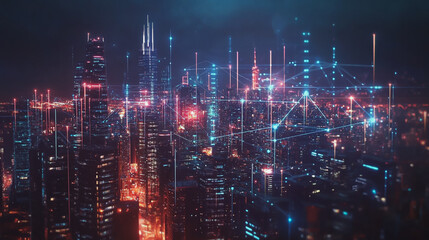Obraz premium Smart digital Innovation city with connection network reciprocity over the cityscape. of future smart wireless digital city and social media networking systems that connects people with in city