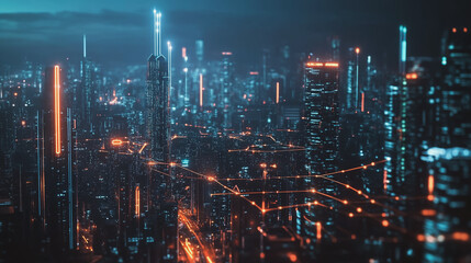 Fototapeta premium Smart digital Innovation city with connection network reciprocity over the cityscape. of future smart wireless digital city and social media networking systems that connects people with in city