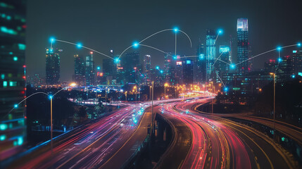 Obraz premium Smart digital Innovation city with connection network reciprocity over the cityscape. of future smart wireless digital city and social media networking systems that connects people with in city