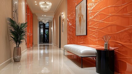 Modern hallway with orange accents and luxurious chandelier lighting