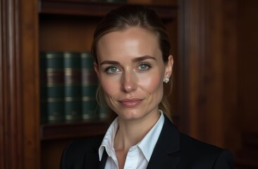 A portrait of a woman lawyer in a courtroom, exuding authority and confidence. She is dressed in a perfectly tailored dark suit with a crisp white blouse