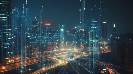 Naklejka premium Smart digital Innovation city with connection network reciprocity over the cityscape. of future smart wireless digital city and social media networking systems that connects people with in city