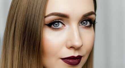 Fototapeta premium Sophisticated beauty portrait of young caucasian female with bold makeup and neutral background