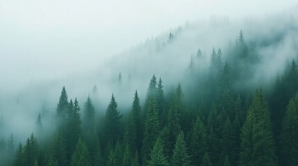 Obraz premium Misty Forest Landscape with Dense Evergreen Trees and Soft Fog Coverage