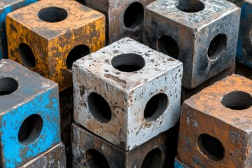 Close-up of Various Metallic Blocks Featuring Industrial Cubes - A close-up shot of metallic blocks, symbolizing industry, strength, construction, precision, and engineering.  The image showcases vari