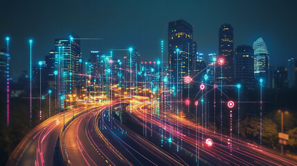 Fototapeta premium Smart digital Innovation city with connection network reciprocity over the cityscape. of future smart wireless digital city and social media networking systems that connects people with in city