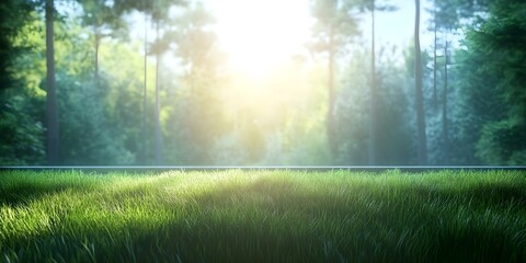 Obraz premium A serene landscape featuring lush green grass in a forest with soft sunlight filtering through the trees. Concept Serene Forest Landscape, Lush Green Grass, Soft Sunlight Filtering