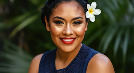 Tropical beauty female portrait with floral accent and radiant smile for cultural celebrations