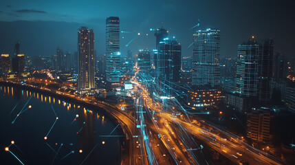 Fototapeta premium Smart digital Innovation city with connection network reciprocity over the cityscape. of future smart wireless digital city and social media networking systems that connects people with in city