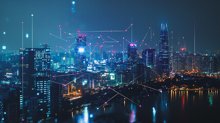 Naklejka premium Smart digital Innovation city with connection network reciprocity over the cityscape. of future smart wireless digital city and social media networking systems that connects people with in city