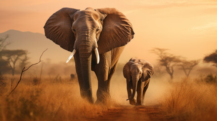 Obraz premium African Elephants Walking in Savannah at Sunset