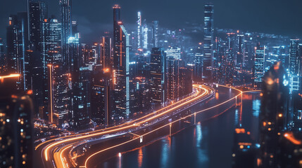 Fototapeta premium Smart digital Innovation city with connection network reciprocity over the cityscape. of future smart wireless digital city and social media networking systems that connects people with in city