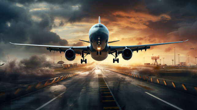Airplane Landing on Runway at Sunset - Powered by Adobe
