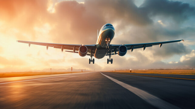 Airplane Landing on Runway at Sunset