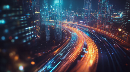 Naklejka premium Smart digital Innovation city with connection network reciprocity over the cityscape. of future smart wireless digital city and social media networking systems that connects people with in city