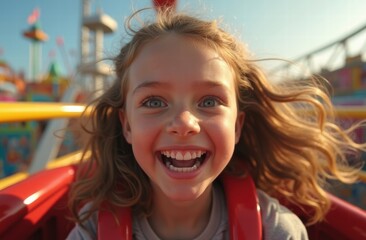 A portrait of a girl, around 8 to 10 years old, captured in a moment of pure joy and excitement as she experiences the thrill of a roller coaster ride.	