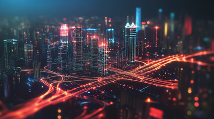 Fototapeta premium Smart digital Innovation city with connection network reciprocity over the cityscape. of future smart wireless digital city and social media networking systems that connects people with in city